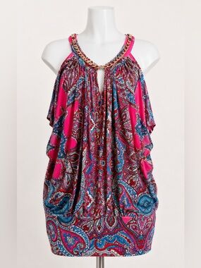 Cache Pink Paisley Halter Tank with Gold Chain Detail